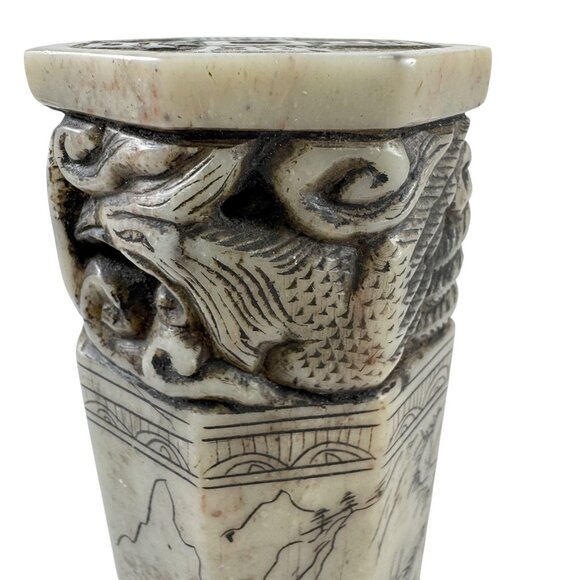 Vintage Asian Jade Stamp Neophrite Carved Dragon and Phoenix Etched Scenes - Picture 4 of 9